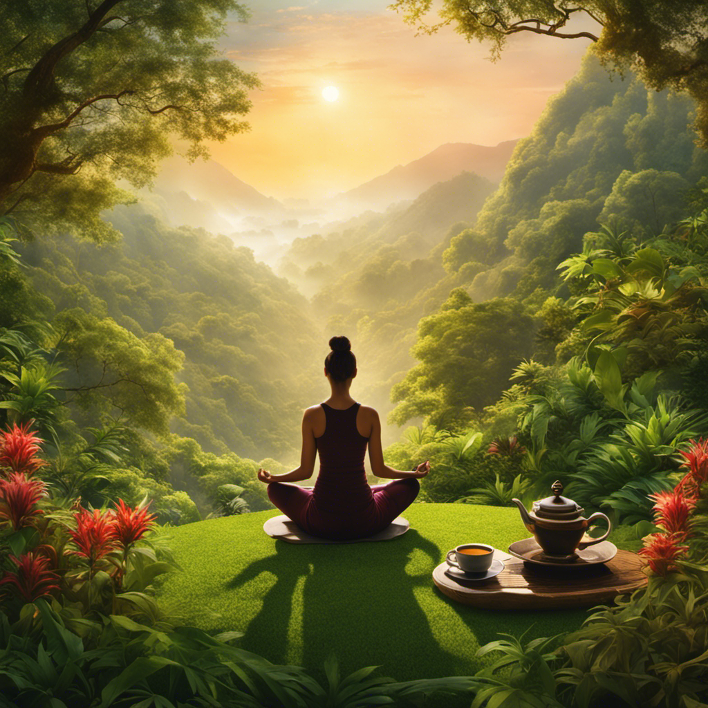 An image depicting a serene morning scene with a person engaged in a yoga session amidst lush greenery, a steaming cup of herbal tea nearby, highlighting the contrasting choices between coffee and alternative healthful options
