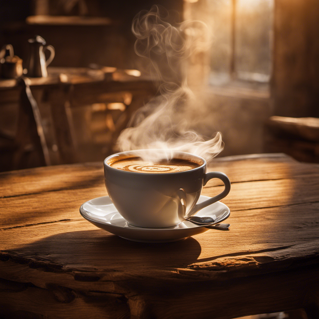 An image capturing a steaming cup of coffee with subtle swirls of steam rising, sitting atop a rustic wooden table