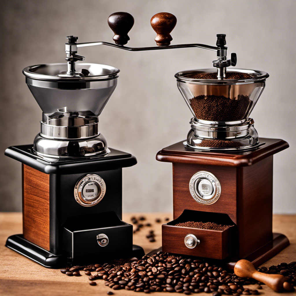 An image showcasing two coffee grinders side by side, one filled with coarse grounds and the other with finely ground coffee