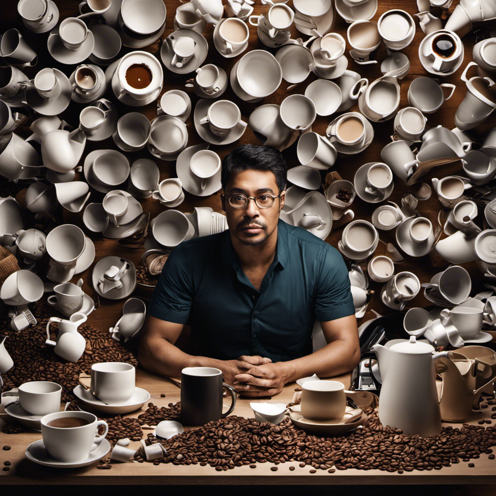 An image showing a person sitting at a cluttered desk, surrounded by multiple empty coffee cups of different sizes, a coffee maker, and a tired expression on their face