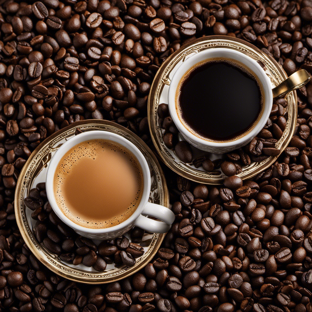 An image showcasing two contrasting coffee cups side by side, one filled with a rich, dark roasted coffee, emitting a bold aroma, while the other contains a light roasted brew, exuding a delicate and subtle fragrance