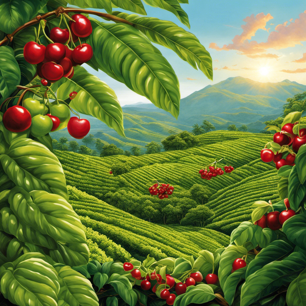 An image of a lush, sun-kissed coffee plantation, featuring vibrant green Arabica coffee trees with their distinctive oval-shaped leaves and plump, red cherries