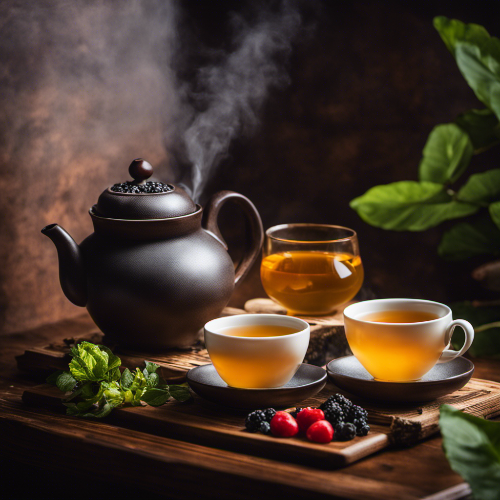 An image that showcases a cozy, dimly lit room with a steaming cup of oolong tea placed on a wooden table beside a bowl of fresh fruits, soothingly suggesting the healing benefits of oolong tea during sickness