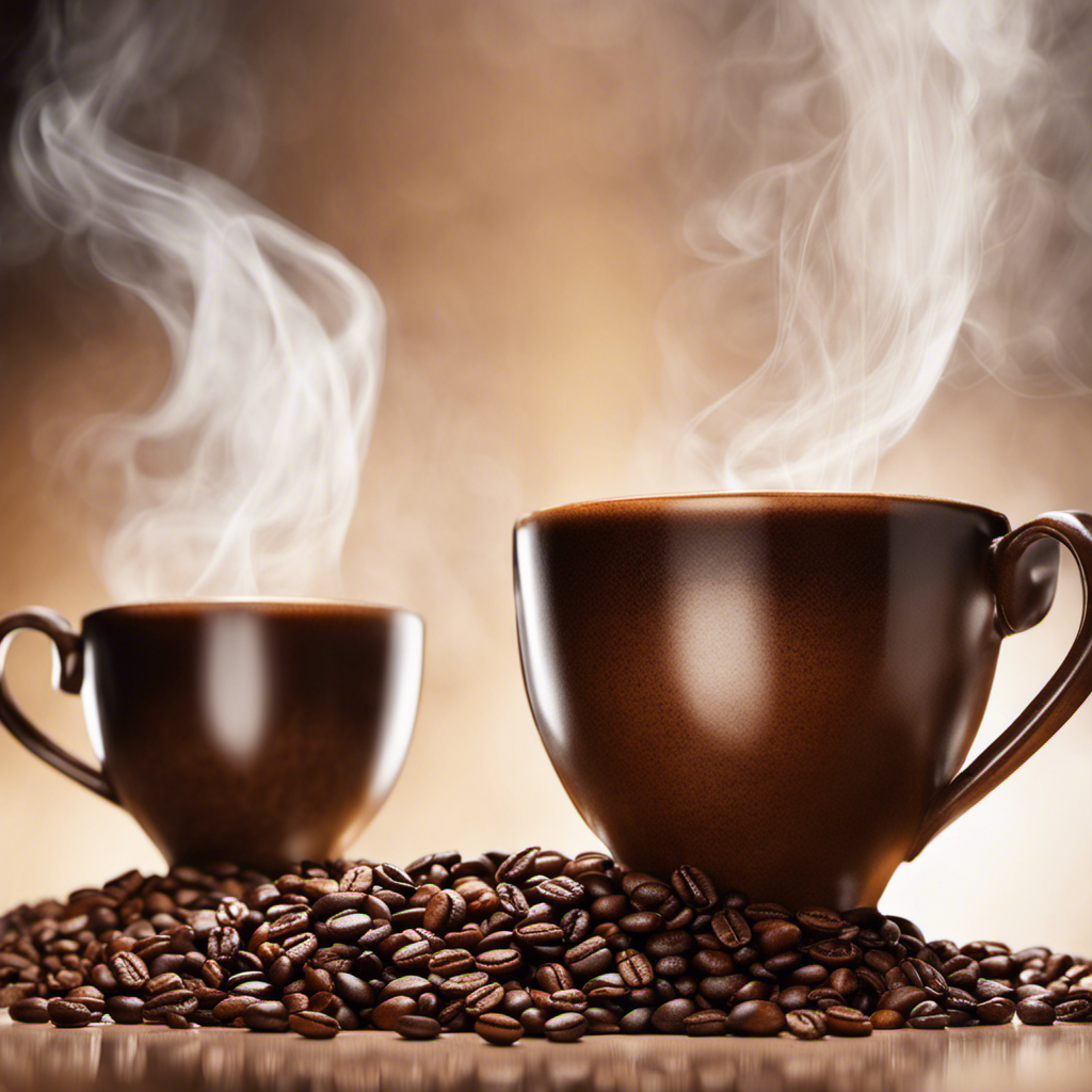 An image depicting two steaming mugs of coffee side by side, one filled with freshly roasted beans while the other contains regular ground coffee
