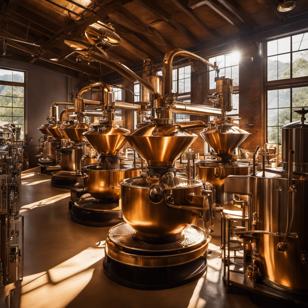 An image showcasing a bustling coffee roastery filled with vintage, gleaming machinery, as skilled artisans coax fragrant, golden-brown beans to perfection