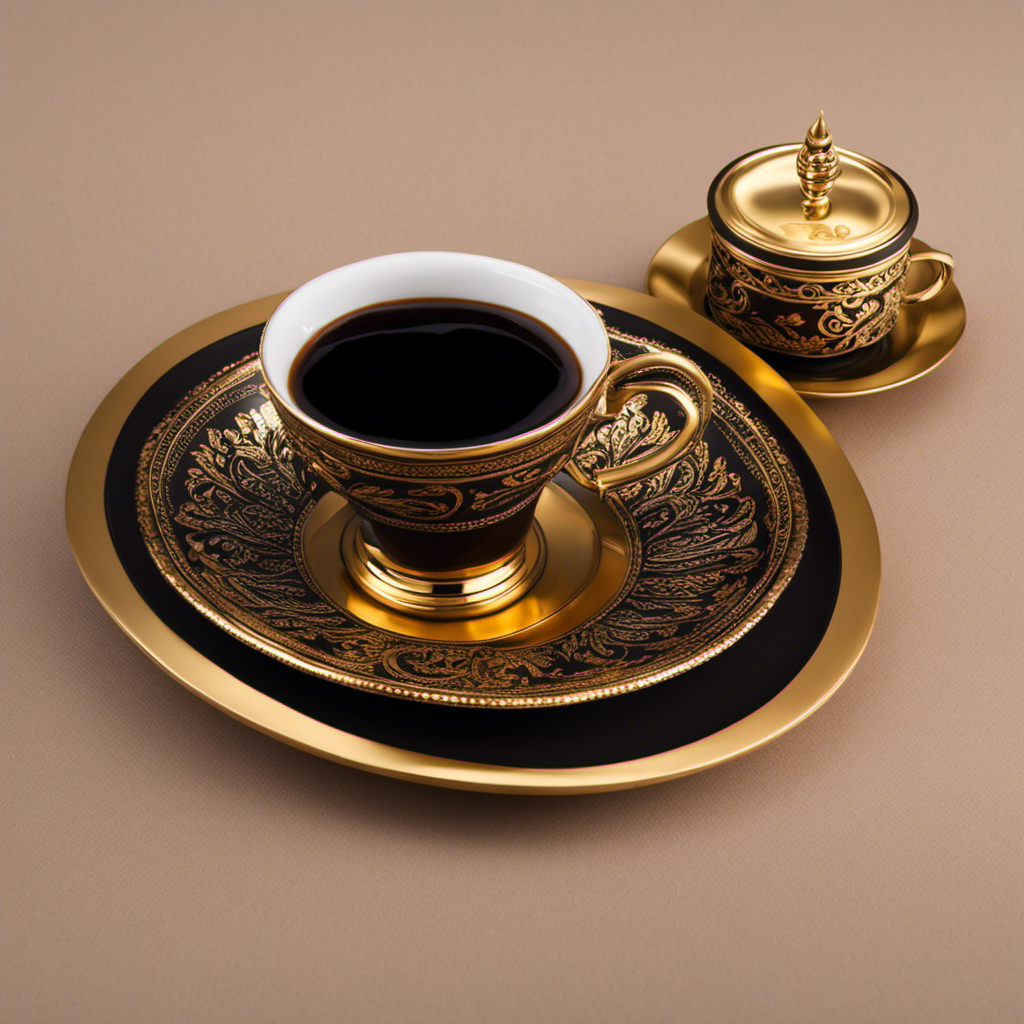An image that features a traditional Turkish coffee cup, filled to the brim with dark, thick coffee, topped with a layer of golden foam