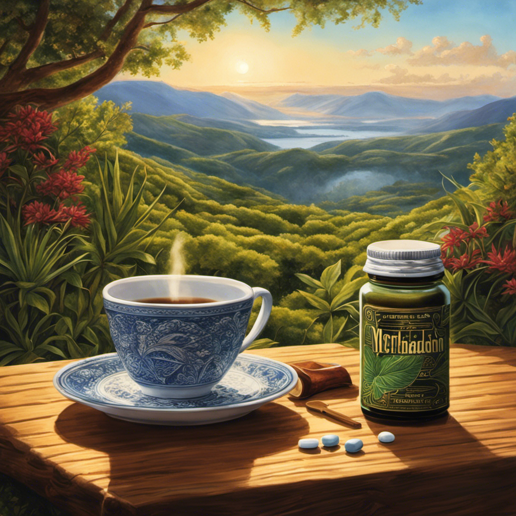 An image showing a serene setting with a hand holding a warm cup of yerba mate, while a pill bottle labeled "Methadone" sits unopened nearby