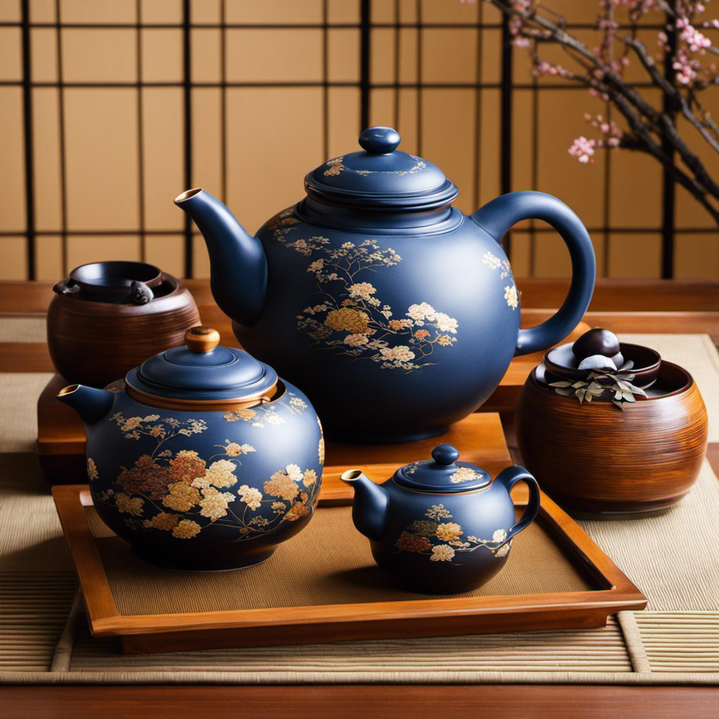 An image showcasing an exquisite collection of Japanese teapots, each unique in shape, size, and intricate hand-painted designs