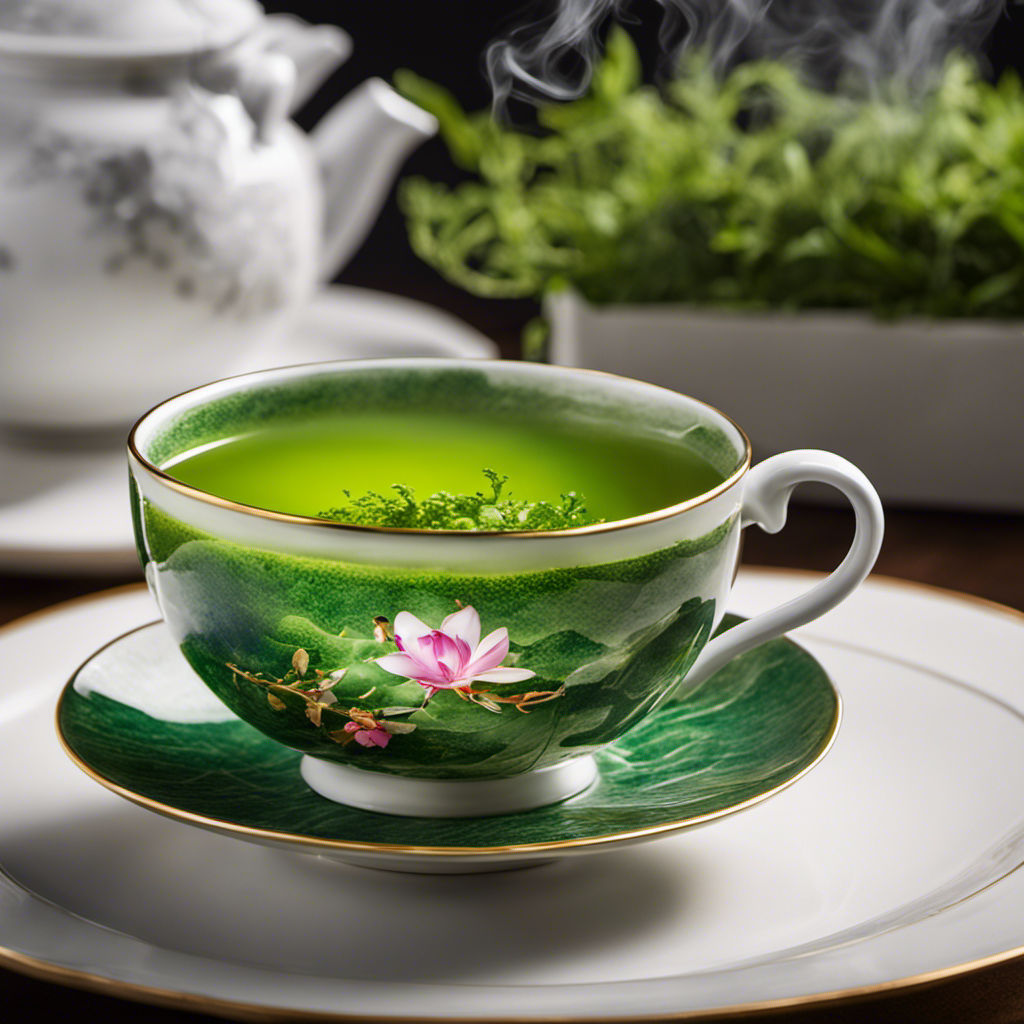 An image showcasing the vibrant world of Kamairicha tea: a steaming cup of emerald-green tea leaves, gently swirling in a delicate, handcrafted porcelain teacup, exuding a mist of fragrant steam