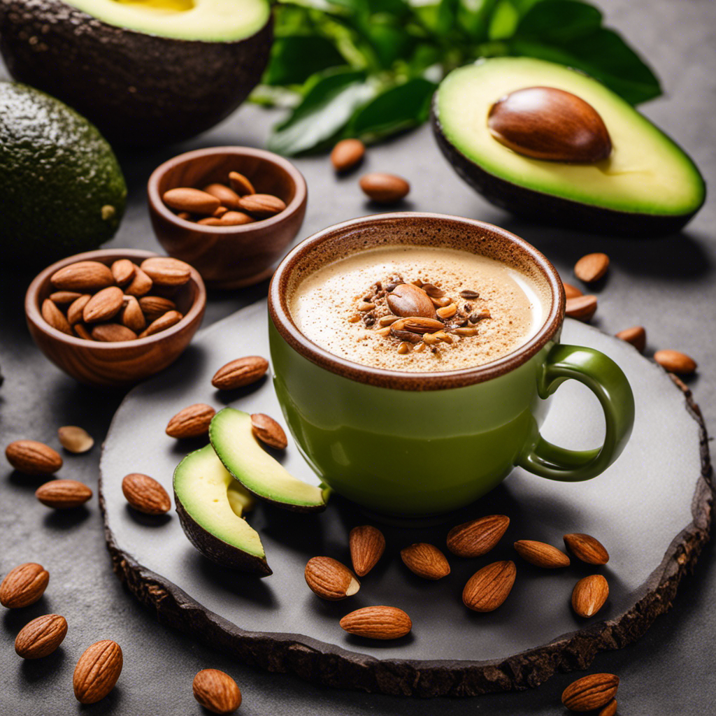 An image of a steaming cup of rich, creamy keto coffee, surrounded by vibrant green avocado slices and a sprinkling of crushed almonds on a wooden table, evoking feelings of health, vitality, and weight loss