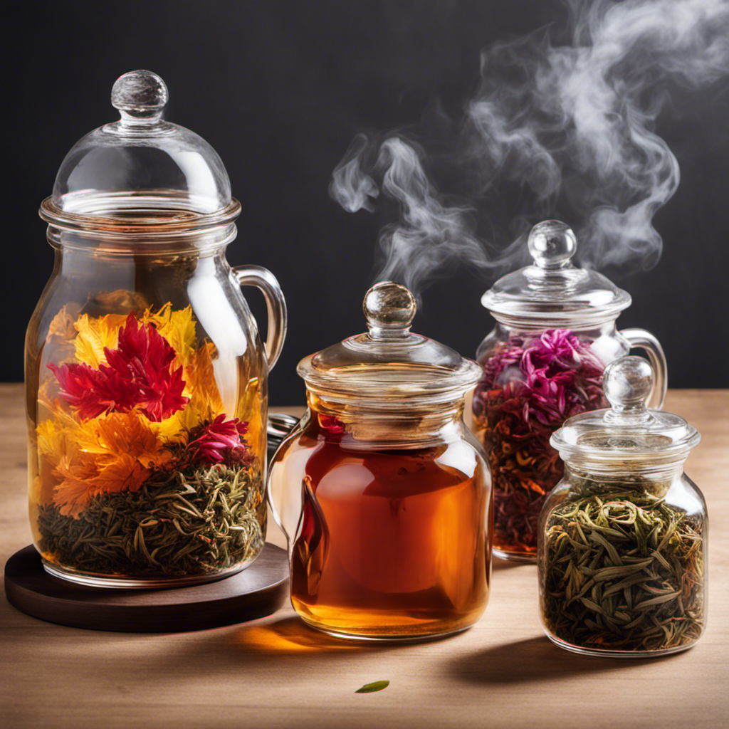 An image showcasing a glass jar filled with a vibrant, amber-colored liquid, surrounded by a colorful assortment of loose tea leaves, as steam gracefully rises from the surface, evoking the artful process of brewing kombucha