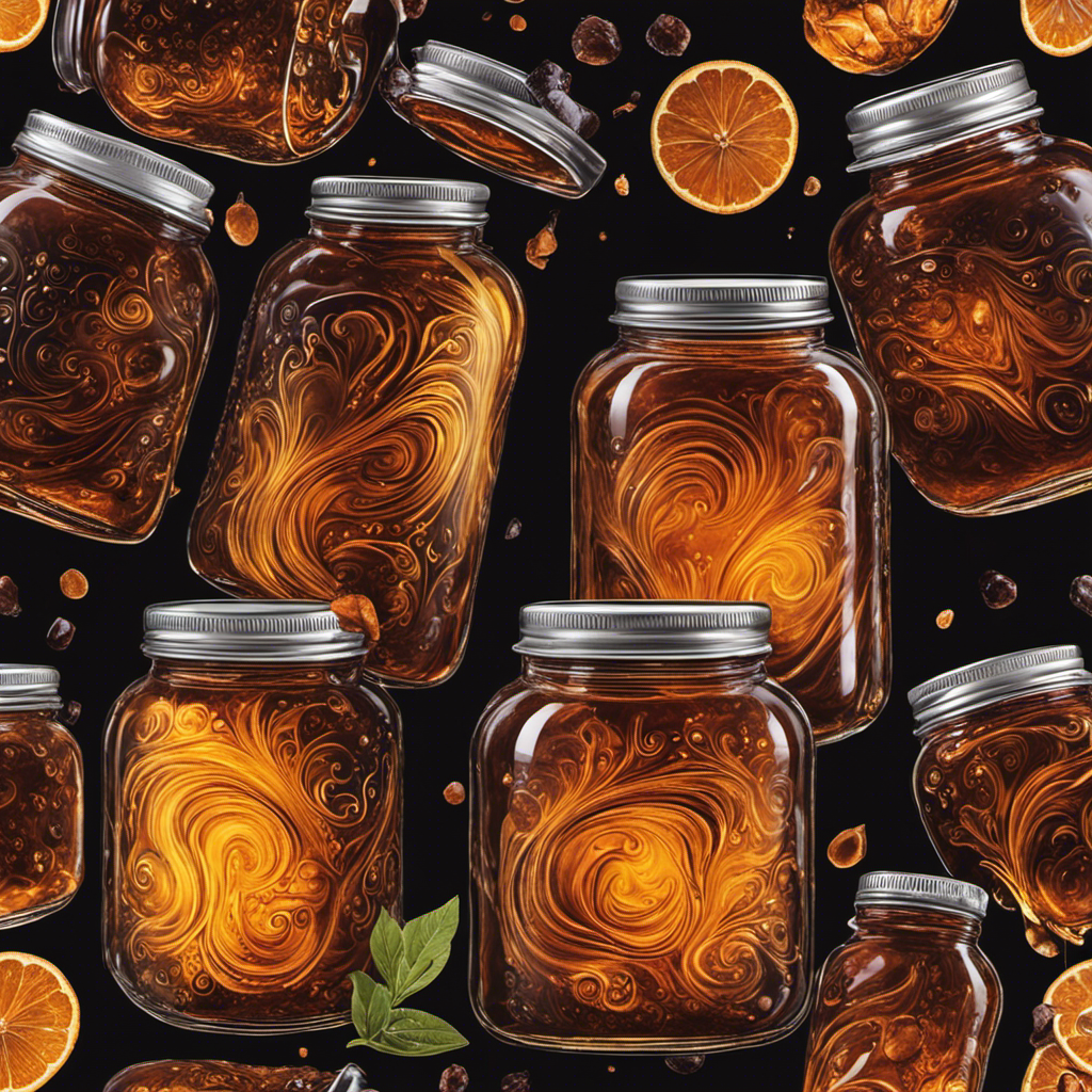 An image showcasing a glass jar filled with dark, amber-hued kombucha, emanating a vibrant glow