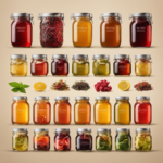 An image showcasing glass jars filled with various stages of brewing kombucha tea, illustrating the progression from initial sweet tea infusion to the final fermented product, capturing the vibrant colors and floating tea leaves