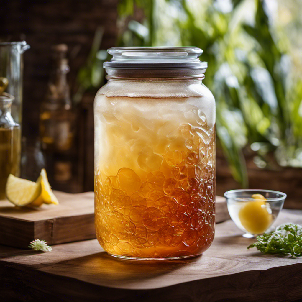 Create an image showcasing a vibrant, translucent Kombucha Tea Scoby floating serenely in a glass jar filled with fermented tea