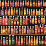 An image featuring a vibrant farmers market scene in the UK, with stalls overflowing with assorted Kombucha tea bottles, showcasing a variety of flavors, labels, and sizes