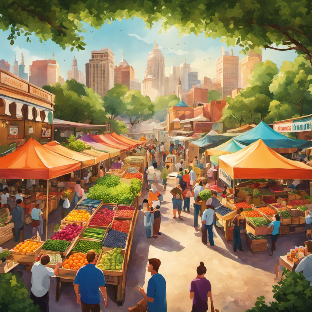 An image showcasing a vibrant, bustling farmer's market with a variety of colorful stalls