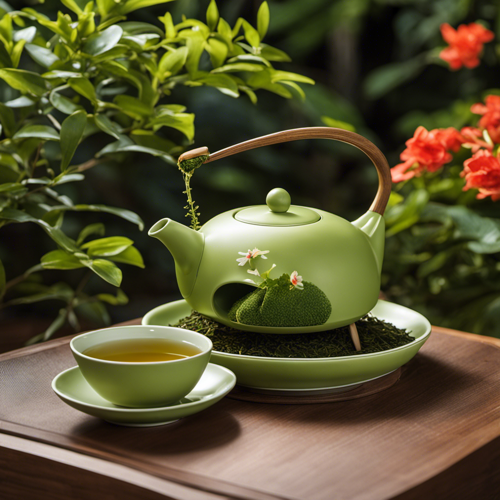 An image showcasing a serene Japanese tea garden with vibrant green tea leaves gracefully cascading into a traditional ceramic teapot