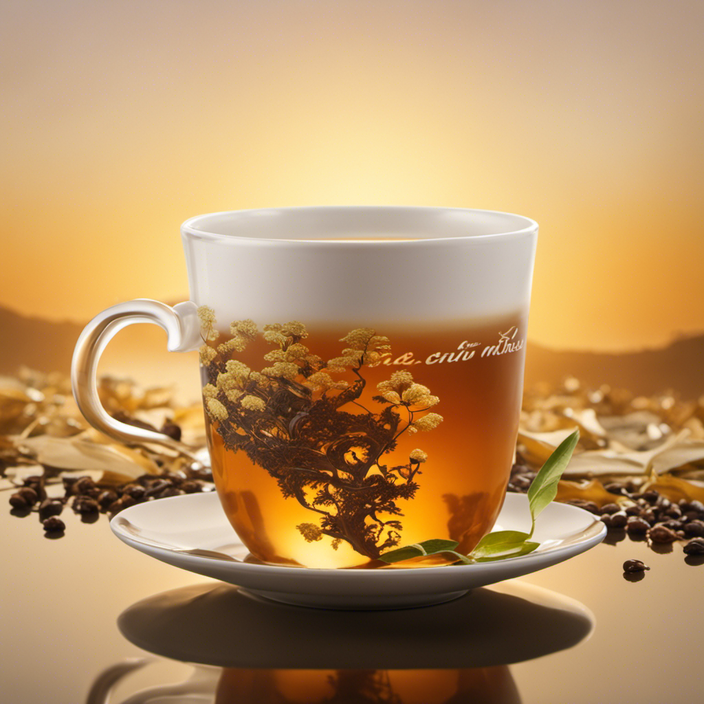An image showcasing a tall glass filled with creamy Kung Fu Tea Oolong Milk Tea, its rich amber color beautifully contrasting against the white saucer, with intricate tea leaves delicately adorning the frothy surface