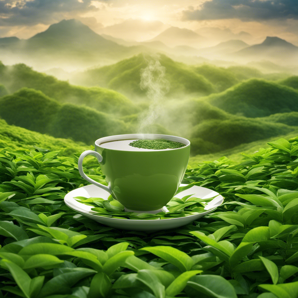 An image of a serene, tranquil scene with a cup of tea, surrounded by lush green tea leaves