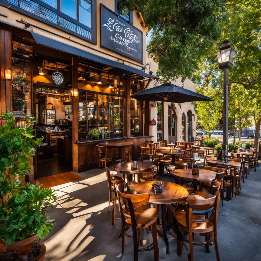 An image showcasing the vibrant atmosphere of Los Gatos Coffee Roasting Company: Sunlight filtering through rustic windows, baristas skillfully crafting latte art, and patrons savoring their aromatic brews in the cozy, eclectic seating area