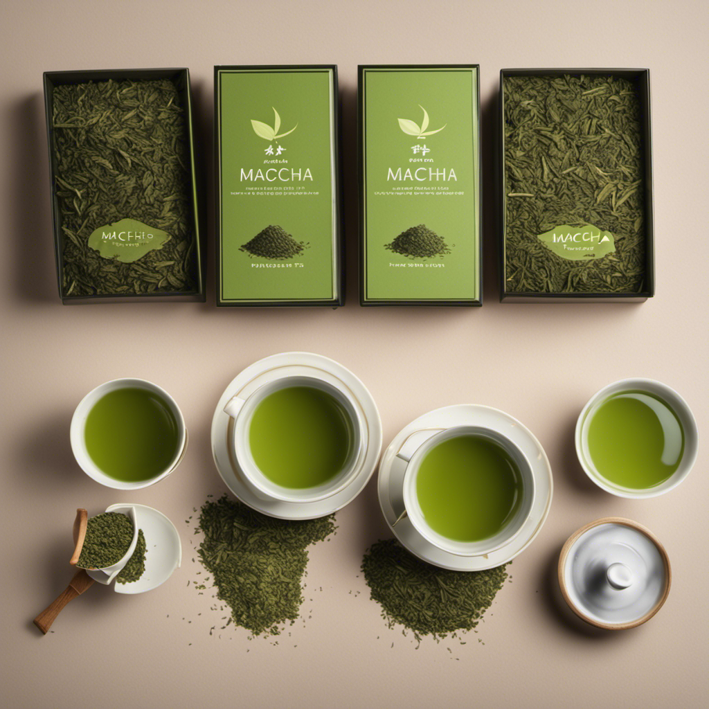 An image showcasing two perfectly brewed cups of vibrant green tea, one labeled "Maccha" and the other "Matcha," surrounded by delicate tea leaves