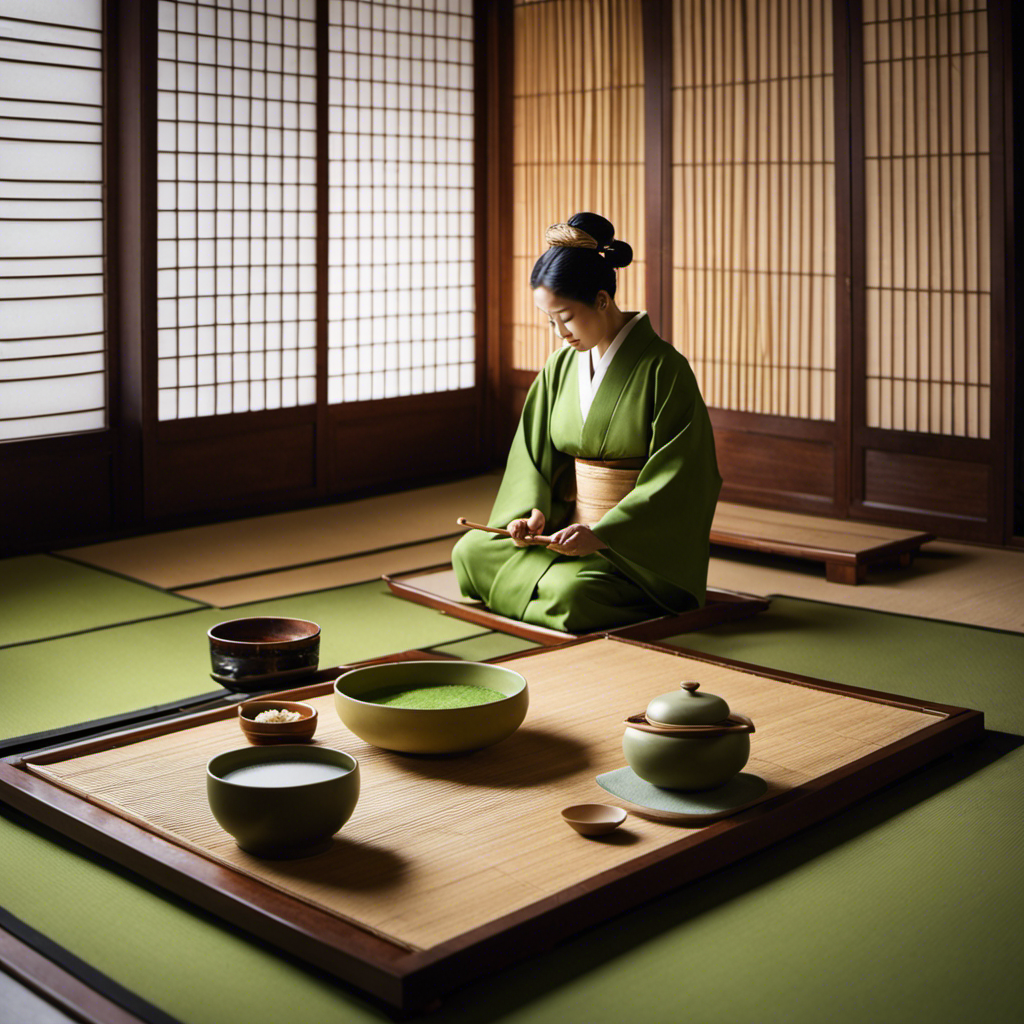 An image showcasing a traditional Japanese tea ceremony: a serene, tatami-matted room adorned with elegant bamboo utensils, a graceful host dressed in a kimono, meticulously whisking vibrant green matcha powder into a frothy, tranquil bowl