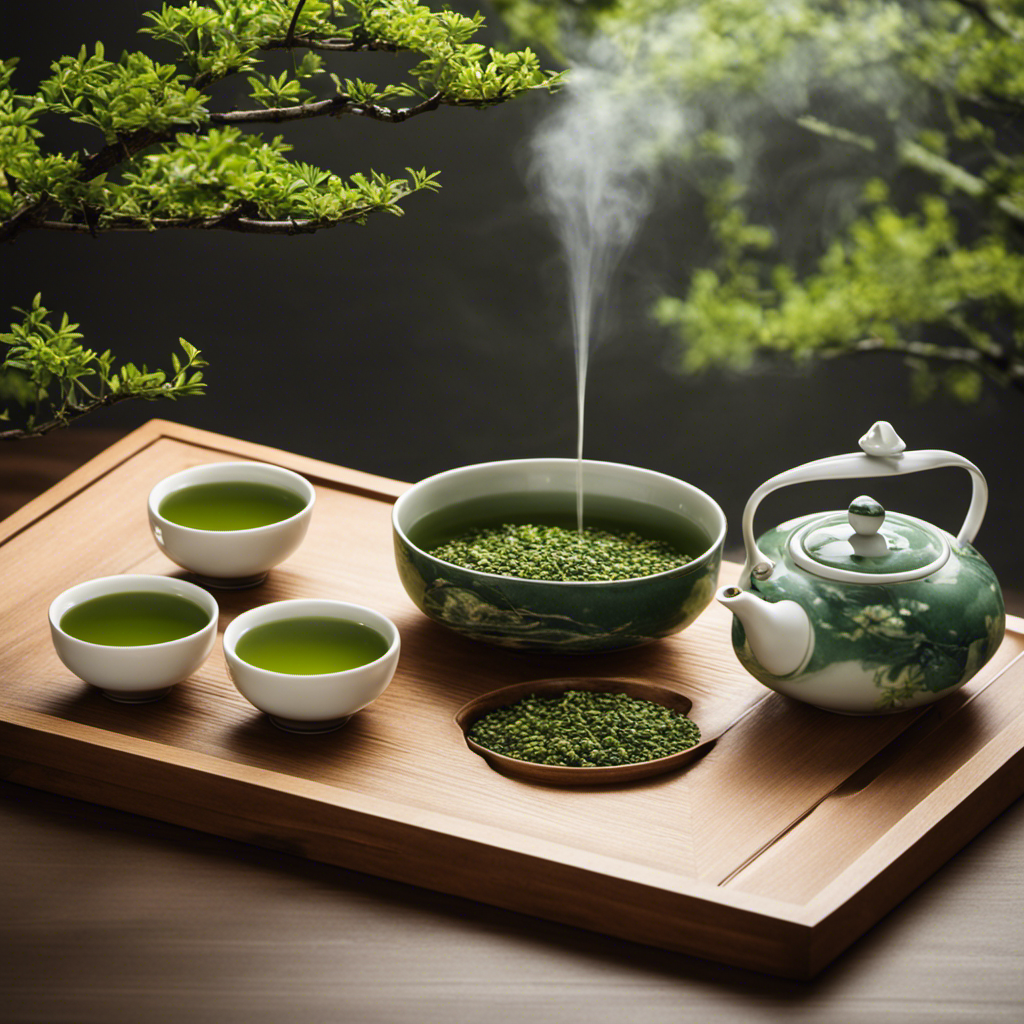 An image showcasing a traditional Japanese tea ceremony set with a delicate porcelain teapot pouring steaming green genmaicha into a ceramic cup, capturing the serene ambiance and the mastery of the brewing process
