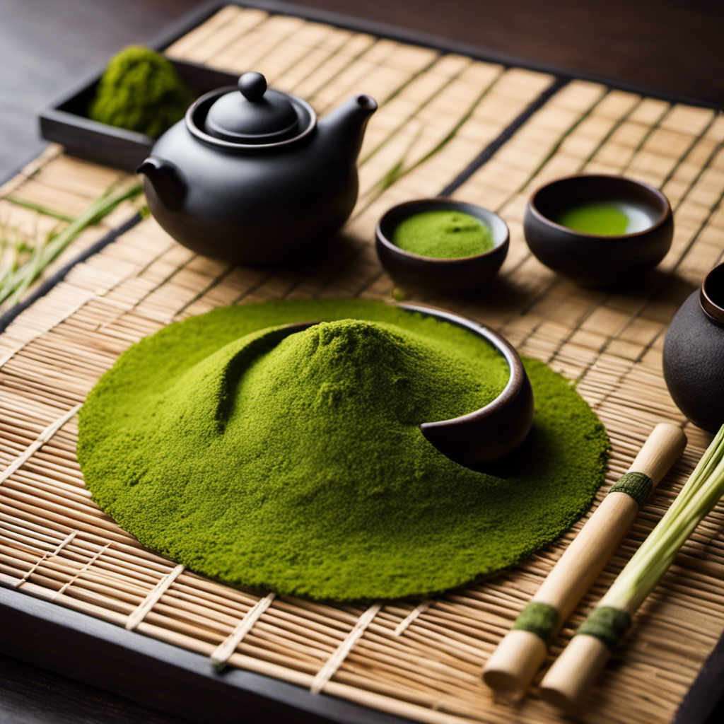 An image showcasing a serene Japanese tea ceremony scene, with a rustic wooden tea ceremony set on a tatami mat