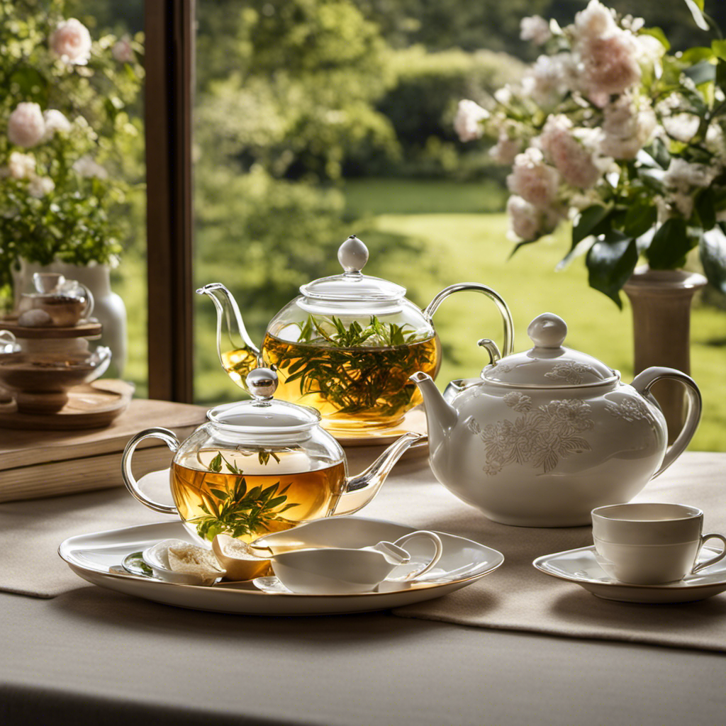 An image showcasing a serene, sunlit tea room with a wooden table adorned with an exquisite porcelain tea set