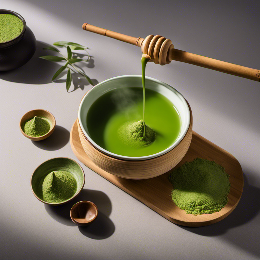 An image showcasing a serene Japanese tea ceremony setting, with a traditional bamboo matcha whisk held above a ceramic bowl