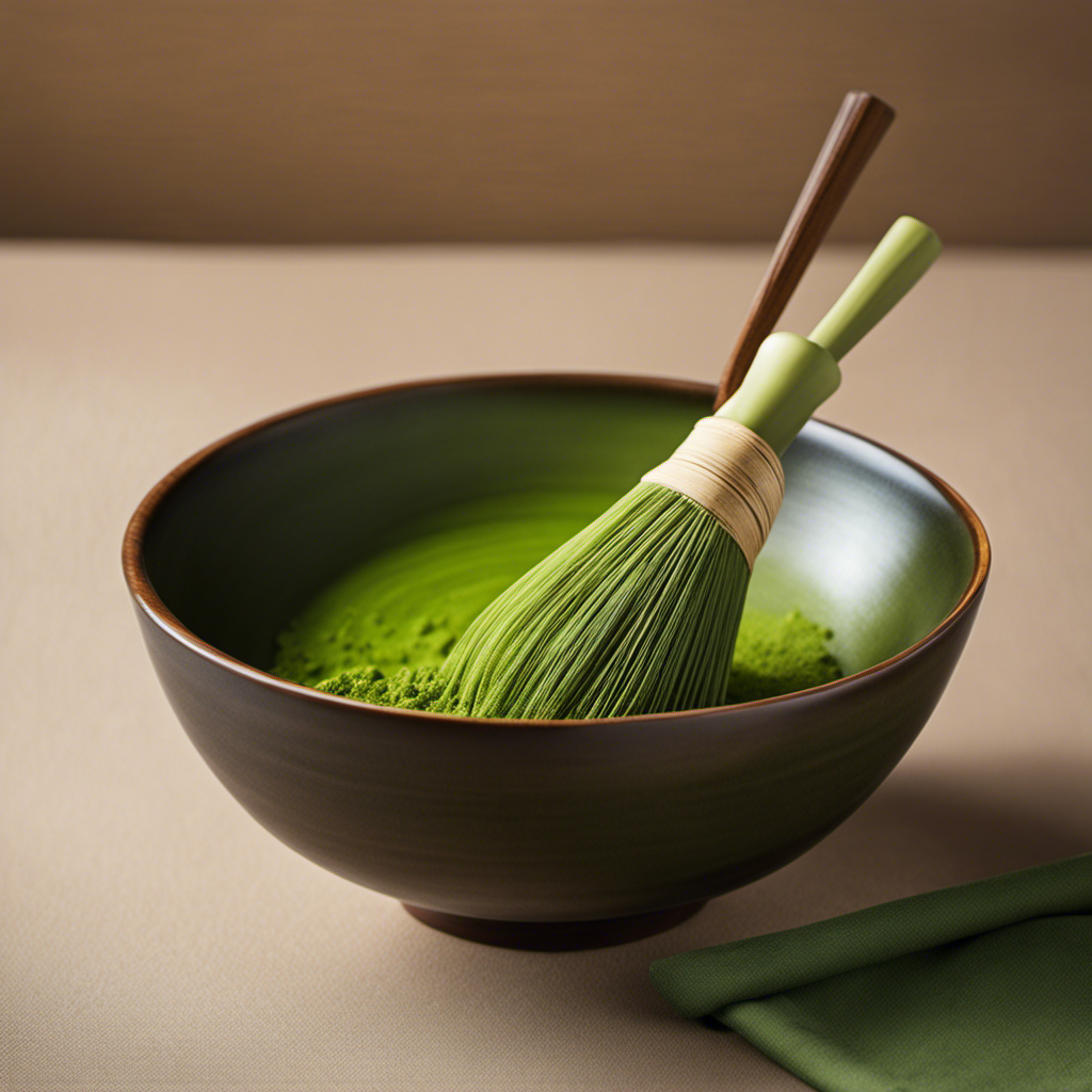 An image capturing a serene, minimalist setting: a delicate bamboo whisk gracefully swirling vibrant green matcha powder in a traditional ceramic bowl, as gentle steam rises from the frothy mixture