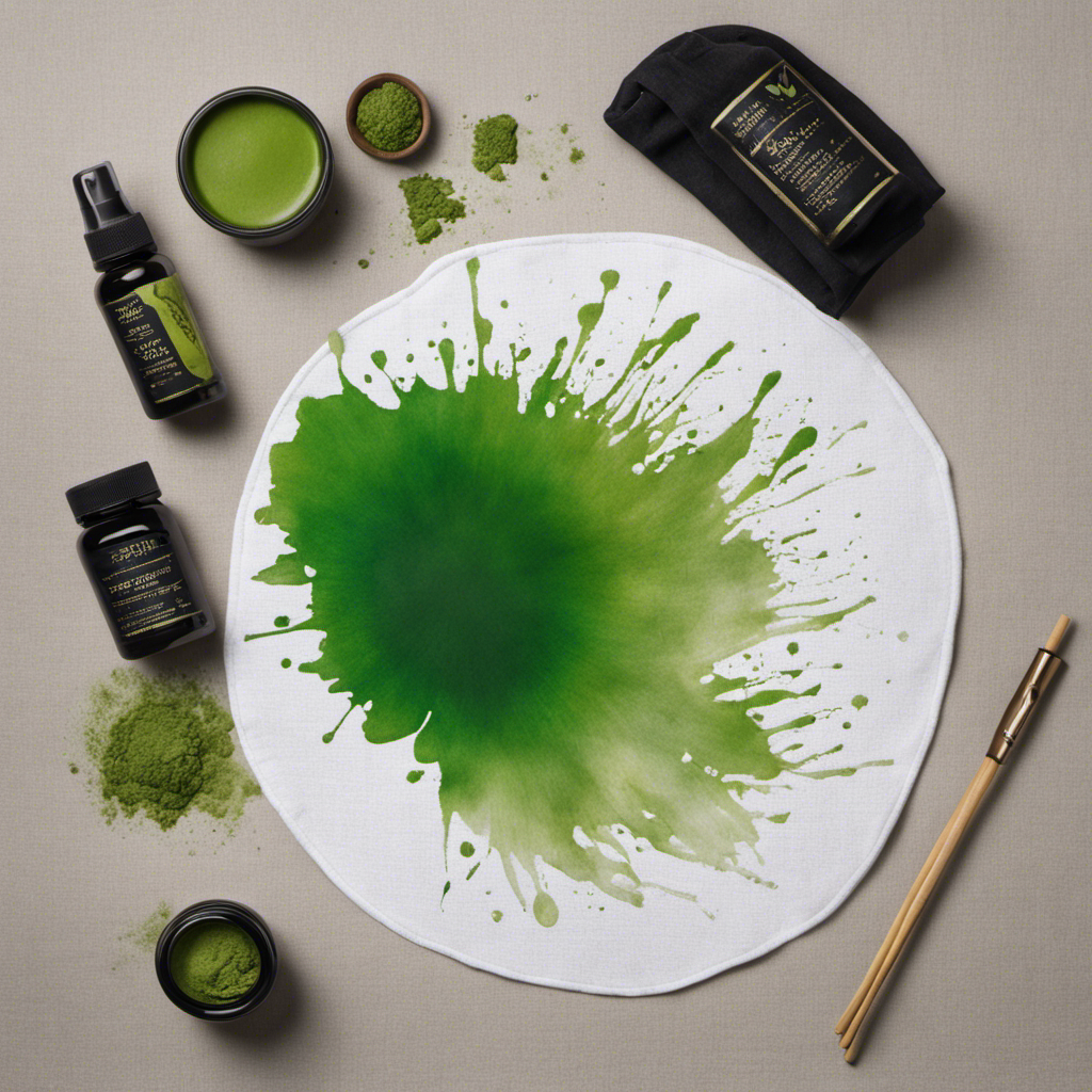 An image depicting a vibrant green matcha stain on a white linen shirt