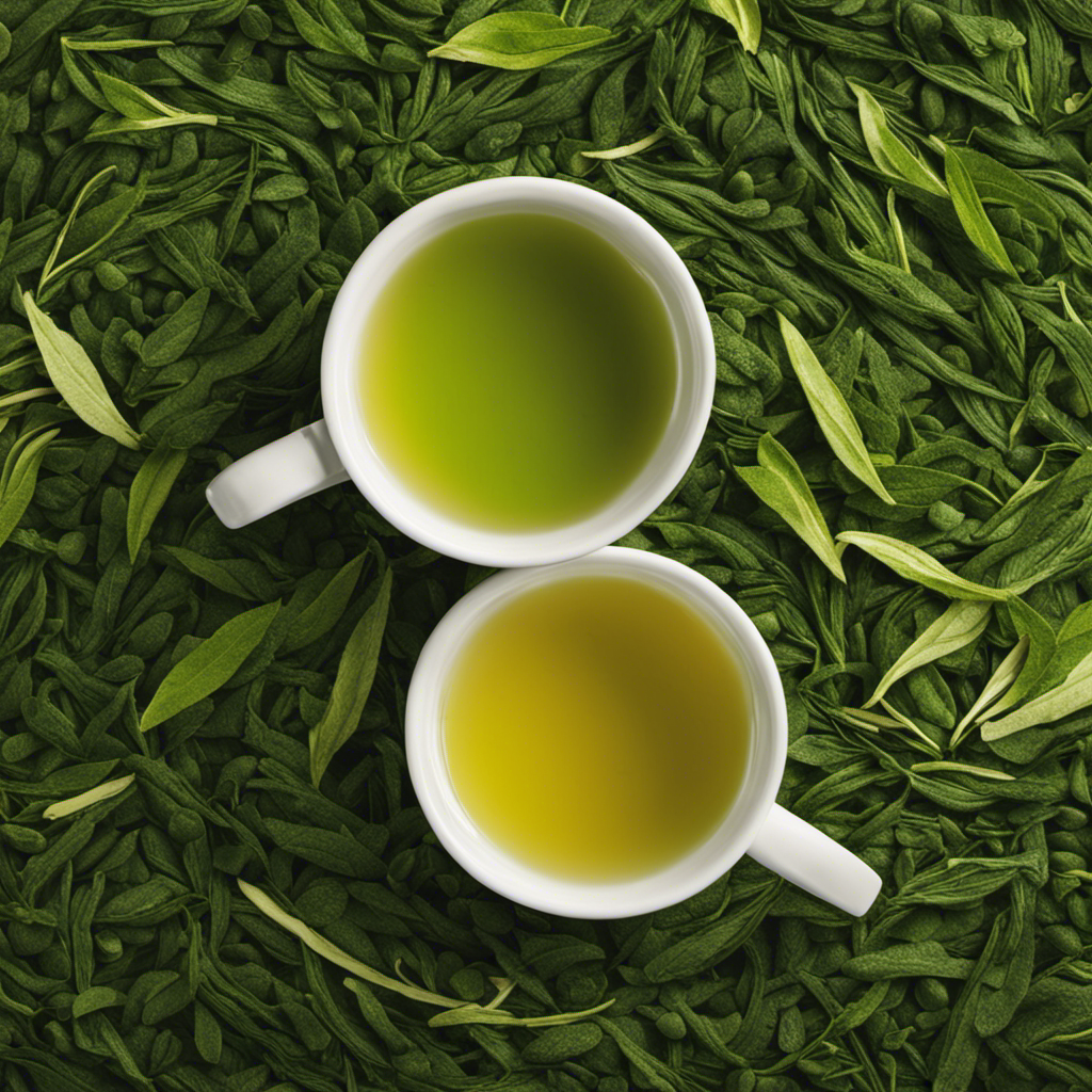 An image showcasing two delicately brewed cups of tea side by side: one a vibrant emerald green, the other a pale golden hue