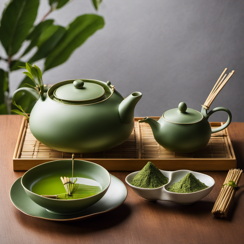 An image showcasing two elegant tea sets – one adorned with vibrant green matcha powder surrounded by delicate bamboo whisks, and the other featuring fresh sencha leaves steeping gracefully in a traditional porcelain teapot