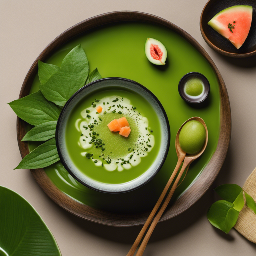 An image showcasing the perfect flavor pairings for matcha: a serene scene of a delicate matcha bowl surrounded by vibrant green tea leaves, a luscious slice of honeydew melon, and a small dish of savory miso soup