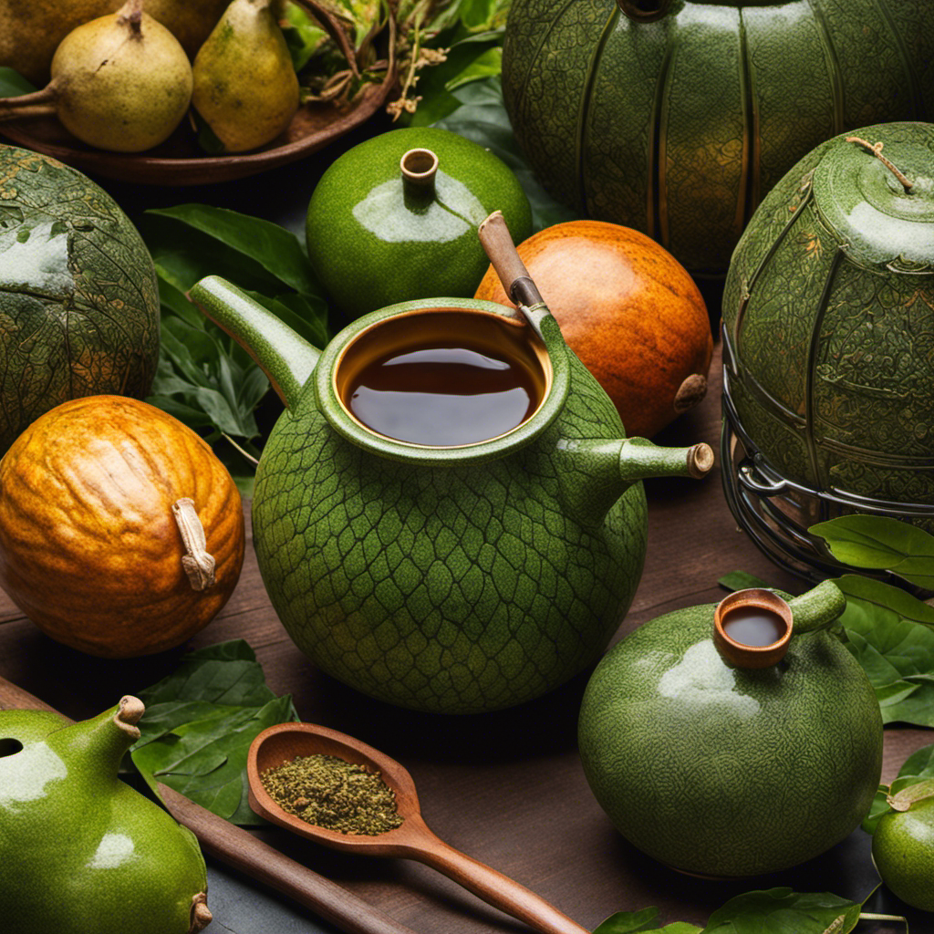 An image showcasing the intricate process of preparing Mate Mateo Yerba Mate: a hand gently scooping vibrant green leaves into a traditional gourd, while a steaming kettle pours hot water over them