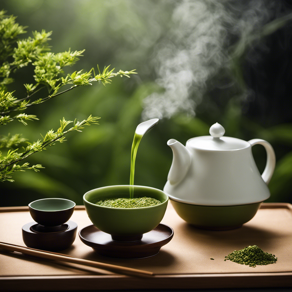 An image capturing the vibrant green hue of a steaming cup of Genmaicha Matcha Tea, elegantly served in a traditional Japanese tea ceremony set