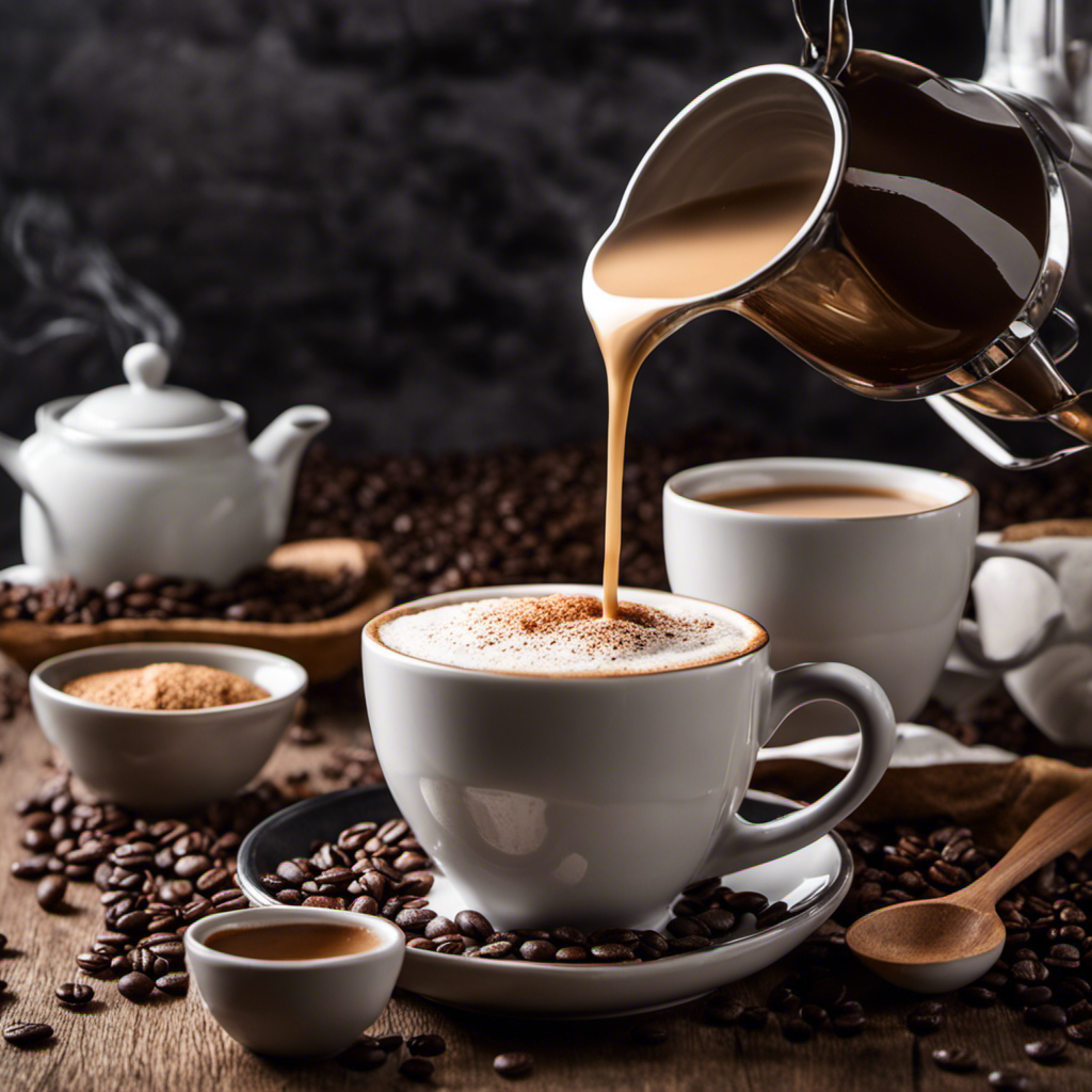 An image showcasing a frothy, velvety, non-dairy coffee creamer being poured into a steaming cup of coffee, with the creamer recipe ingredients artfully arranged in the background