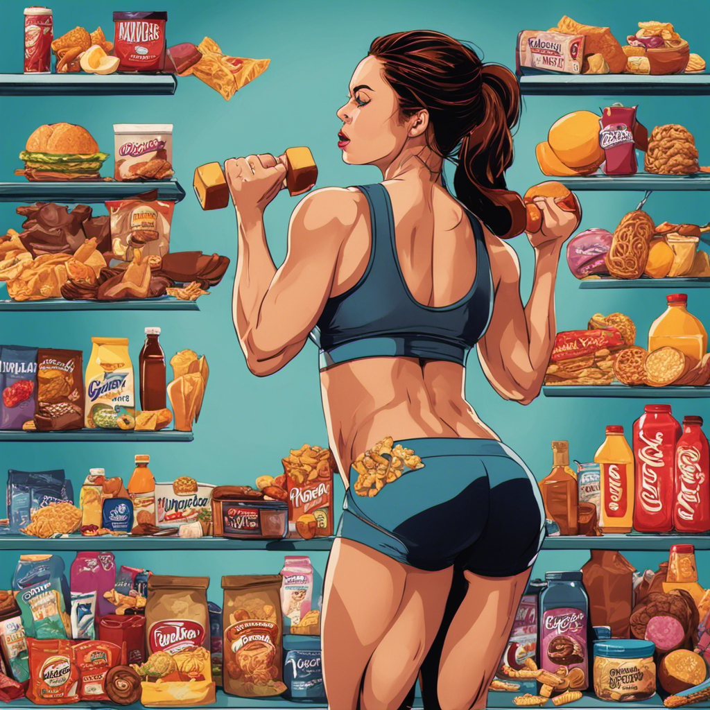 An image showcasing a woman lifting excessively light weights, surrounded by unhealthy snack options, skipping rest days, and lacking proper form during exercises
