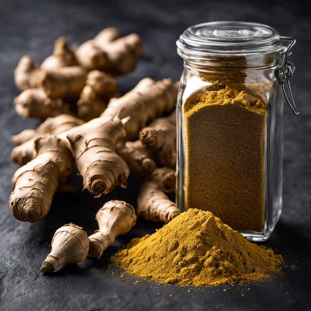 An image featuring a vibrant, freshly harvested ginger root and a small glass jar filled with dried ginger powder