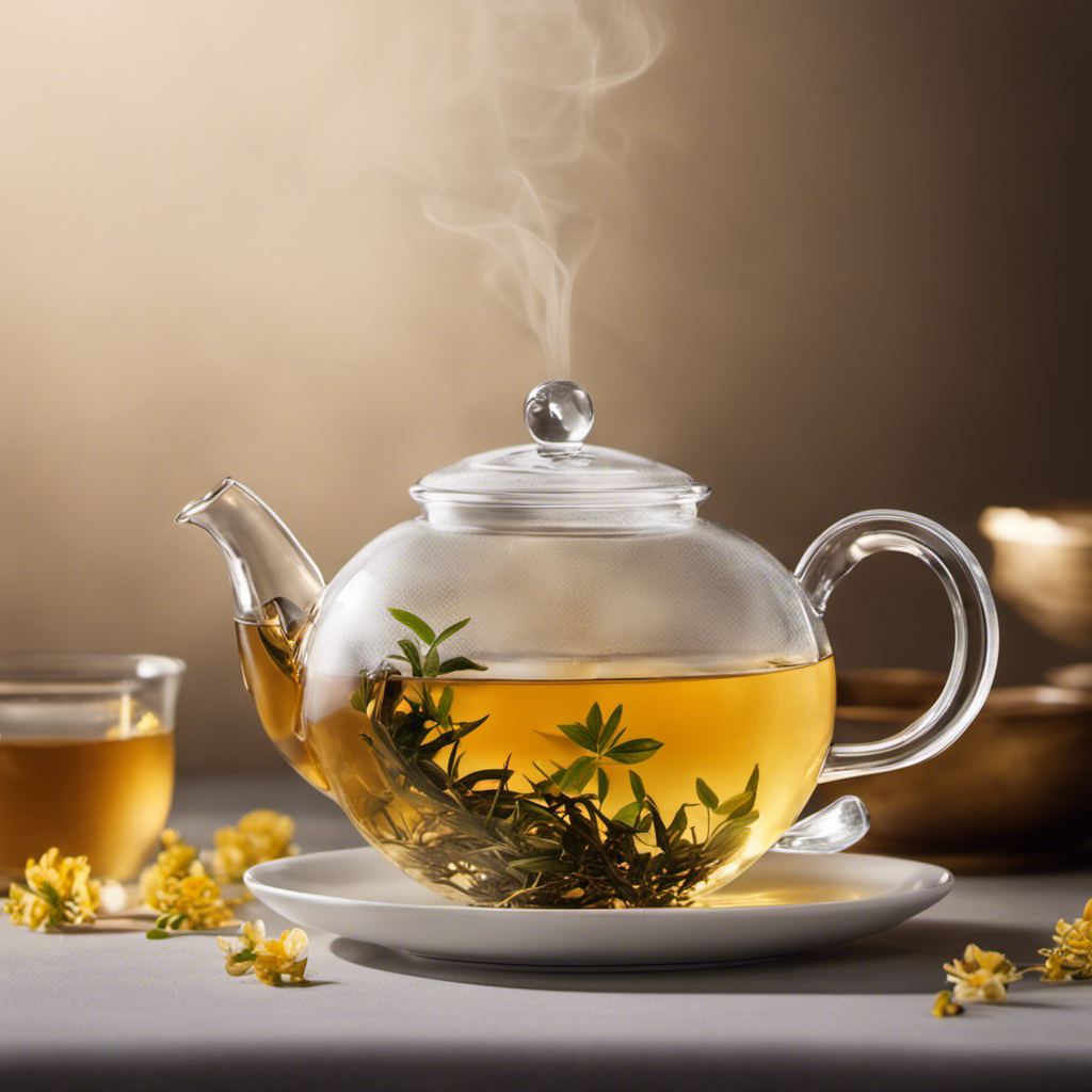 An image of a delicate, porcelain teapot pouring a stream of golden Oolong Jasmine tea into a dainty, transparent glass cup
