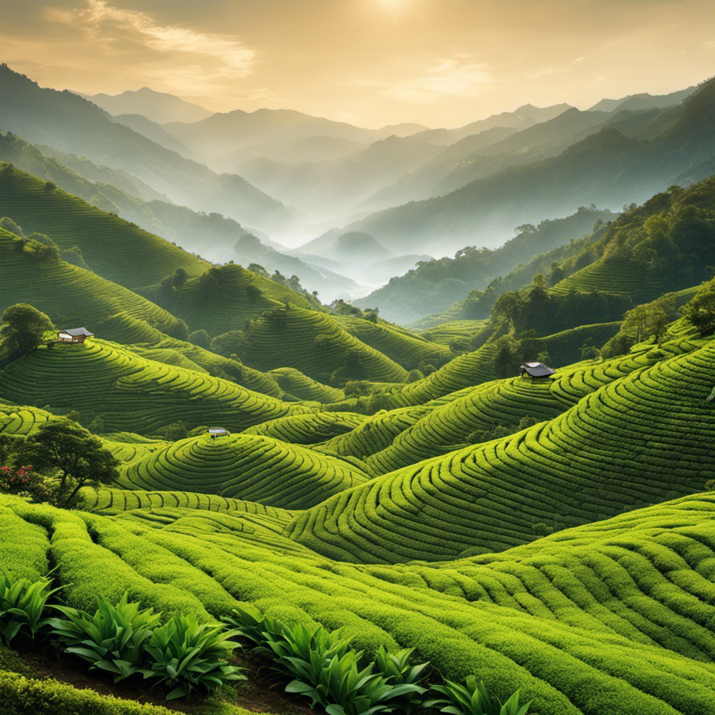 An image showcasing a serene mountain landscape with terraced tea plantations, adorned with vibrant green tea leaves gently swaying in the breeze, reflecting the rich cultural heritage of the country that produces Oolong tea