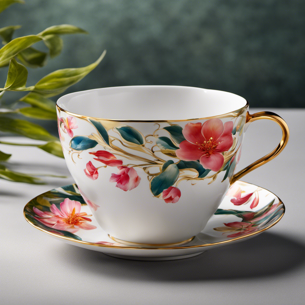 An image showcasing a delicate oolong tea cup, gracefully curved and adorned with a vibrant floral motif, gently cradling a steaming brew