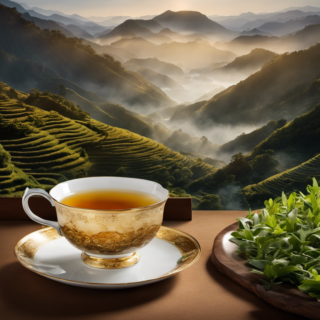 An image capturing the enchanting essence of oolong tea: a delicate porcelain teacup filled with amber-hued liquid, steam swirling gracefully from its surface, while a tea leaf unfurls, revealing its intricate patterns amidst a serene backdrop of misty mountains