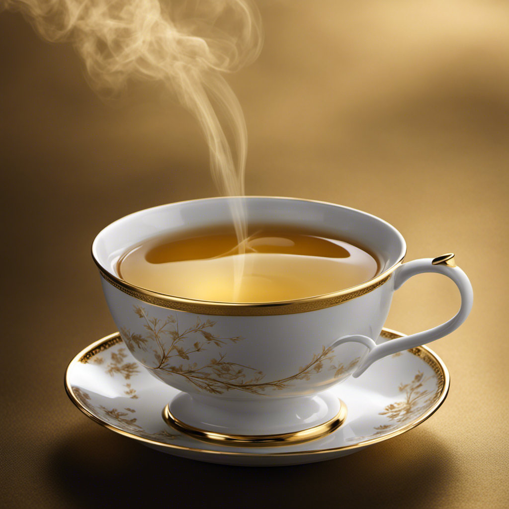 An image showcasing an elegant porcelain teacup filled with warm golden Oolong tea, delicate wisps of steam rising gently from the surface, a timer beside it, capturing the essence of the perfect steeping duration