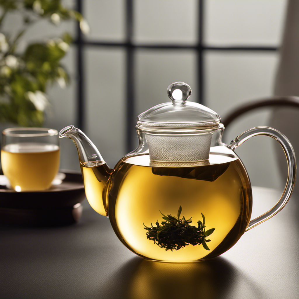 An image showcasing a clear glass teapot filled with steaming Oolong tea, perfectly brewed with precise measurements of water, showcasing the golden hue and delicate aroma