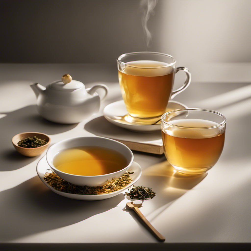 An image showcasing a serene, minimalist setting with a cup of steaming oolong tea placed beside a measuring tape