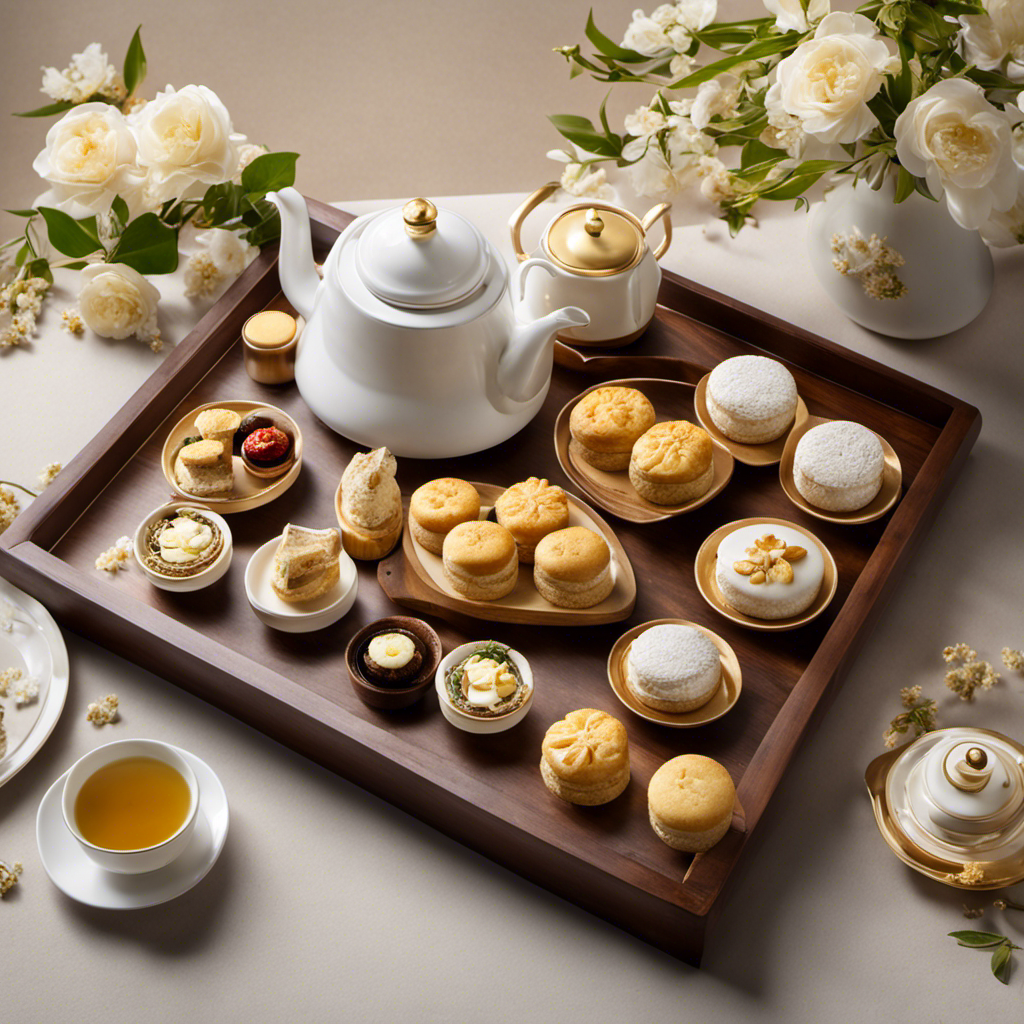 An image featuring a steaming cup of golden oolong tea adorned with delicate jasmine blossoms, accompanied by a traditional wooden tea tray showcasing a variety of delectable treats, such as freshly baked scones, dainty finger sandwiches, and intricately designed pastries