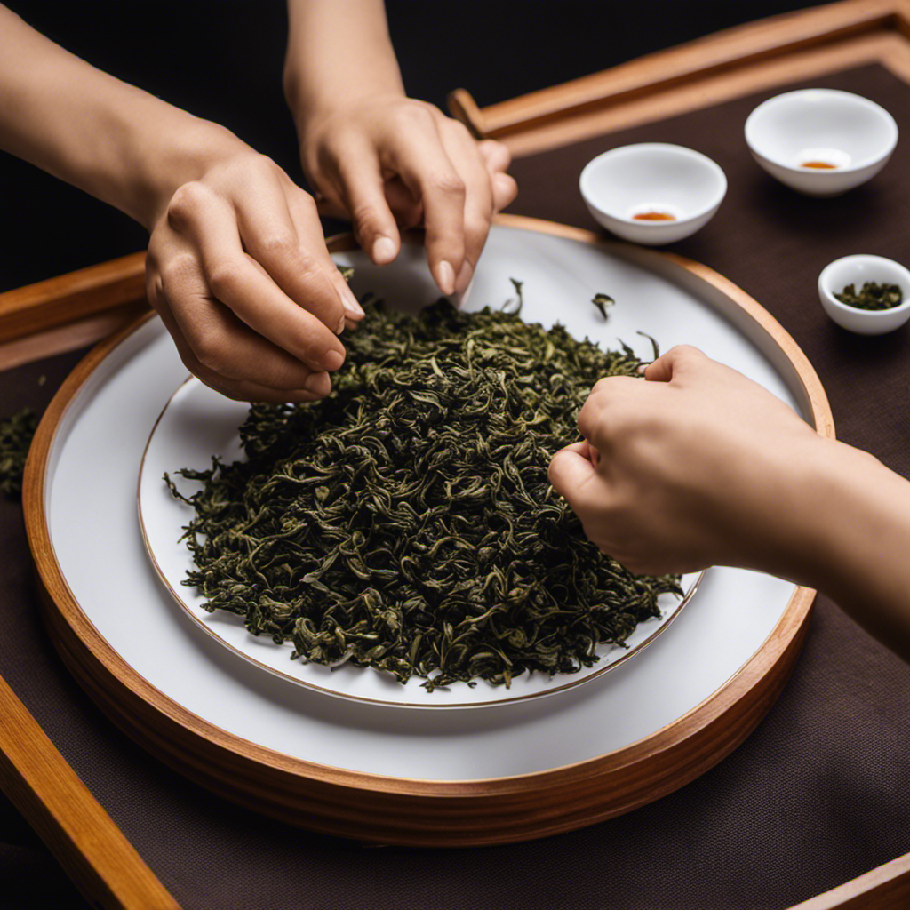 A captivating image showcasing the intricate process of hand-rolling Oolong tea leaves