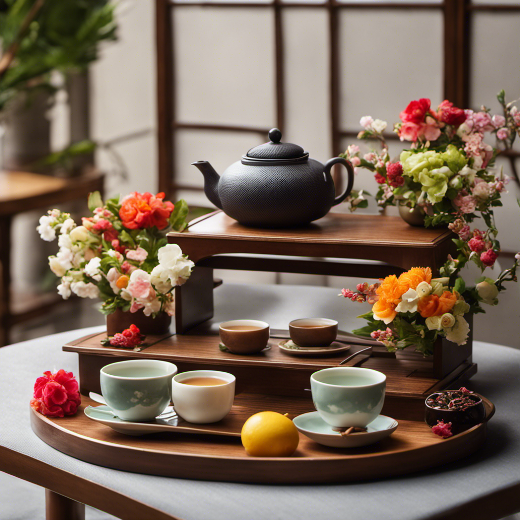 An image showcasing a serene Japanese teahouse, with a delicate porcelain teapot pouring oolong tea into a dainty cup